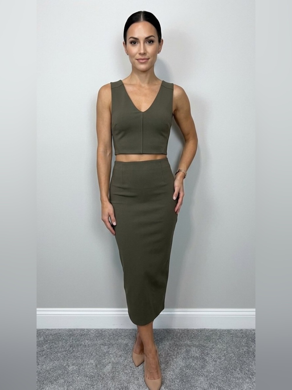 Olive High-Waist Midi Pencil Skirt and sleeveless crop top